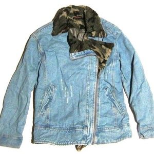 Boutique Nameless Brand Camo Sherpa Insulated Denim Jean Moto Jacket